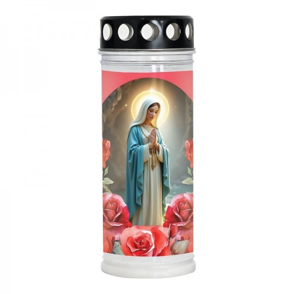 Nagrobna sveča Premium z motivom Marije - rdeče vrtnice